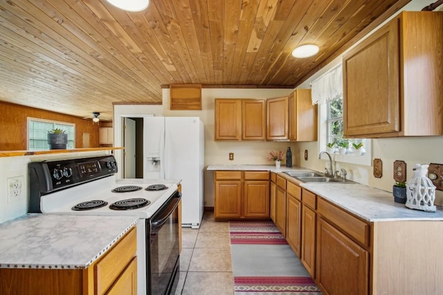 kitchen featuring sink, wood ceiling, light tile patterned floors, range with electric cooktop, and white refrigerator with ice dispenser