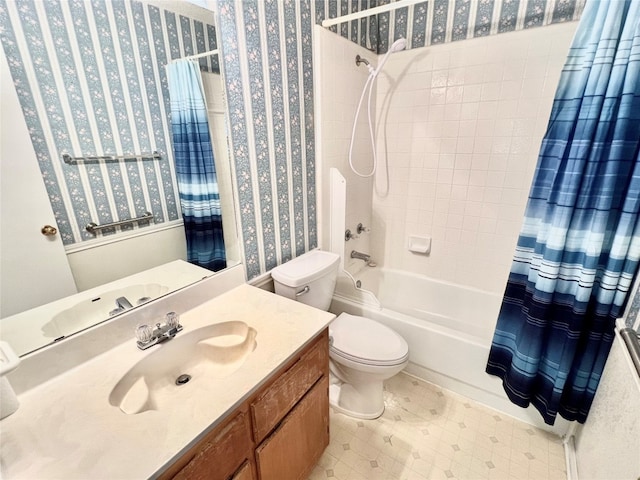 full bathroom with shower / bath combo, toilet, and vanity