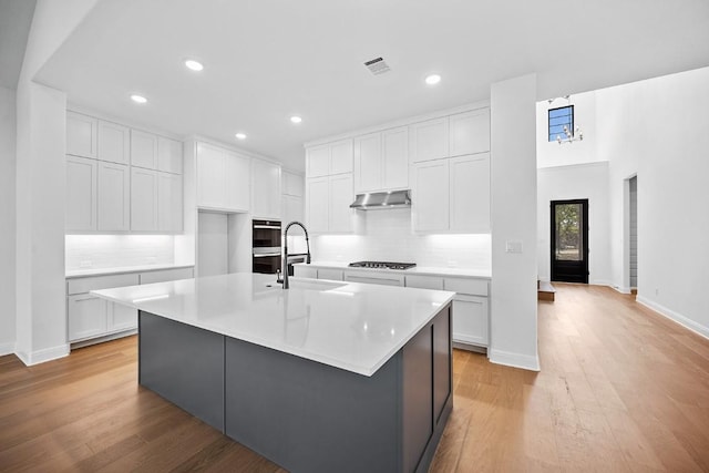 1509 Jay Wolf, Georgetown, TX 78628 - kitchen featuring a sink, light wood-style flooring, backsplash, a kitchen island with sink, and recessed lighting