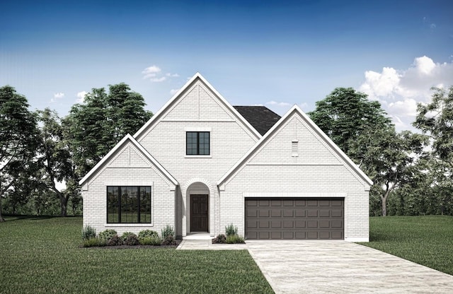 view of front of home with a front lawn and a garage