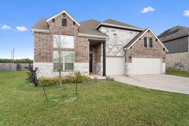 view of front of property with a front yard and a garage