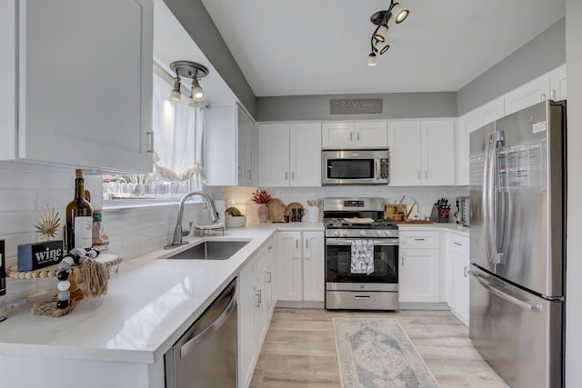 kitchen featuring decorative backsplash, appliances with stainless steel finishes, sink, light hardwood / wood-style floors, and white cabinetry