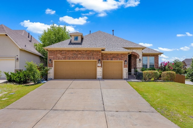 view of front of property featuring a front yard and a garage