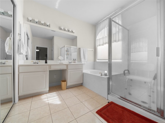 bathroom with tile patterned floors, vanity, and plus walk in shower