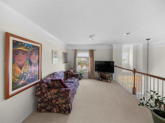 carpeted living room featuring crown molding