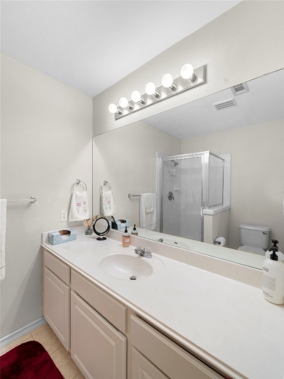 bathroom with tile patterned flooring, vanity, toilet, and a shower with door