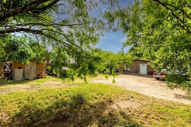 view of yard featuring a storage unit