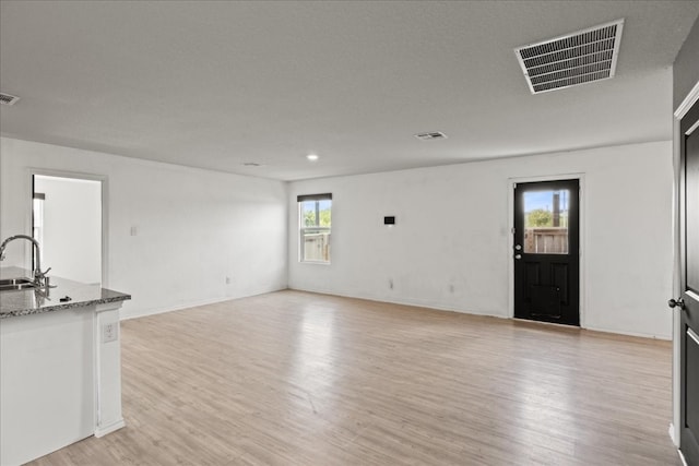 unfurnished living room featuring light hardwood / wood-style floors, sink, and a wealth of natural light