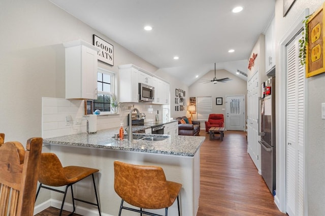 226 Spruce Ave, Luling, TX 78648 - kitchen featuring stainless steel appliances, open floor plan, a sink, a peninsula, and vaulted ceiling
