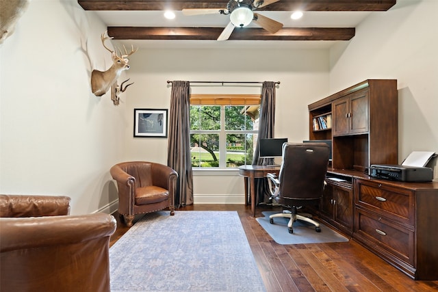 home office featuring beam ceiling, dark wood-style flooring, baseboards, and a ceiling fan