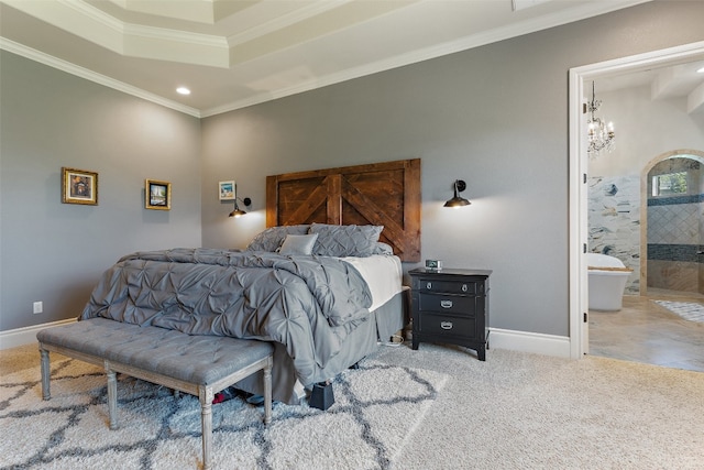 bedroom featuring a notable chandelier, recessed lighting, carpet flooring, baseboards, and ornamental molding