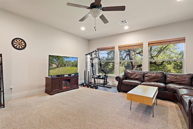 living area featuring carpet, recessed lighting, visible vents, a ceiling fan, and baseboards