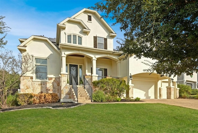 view of front facade featuring a porch, a garage, and a front lawn