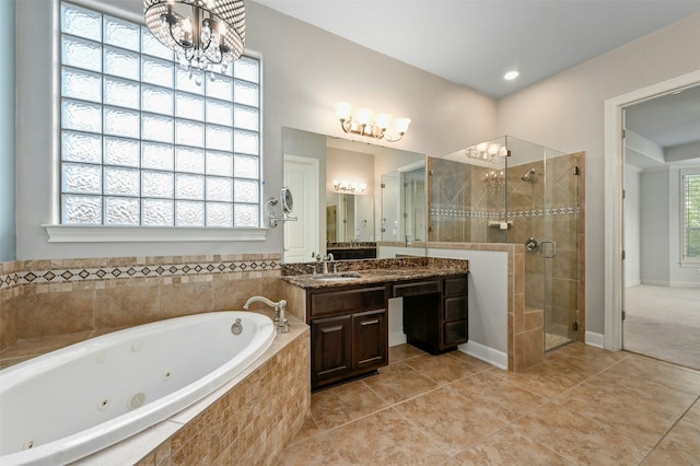 bathroom with vanity, separate shower and tub, tile patterned floors, and an inviting chandelier