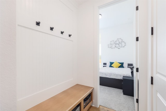 mudroom with light colored carpet