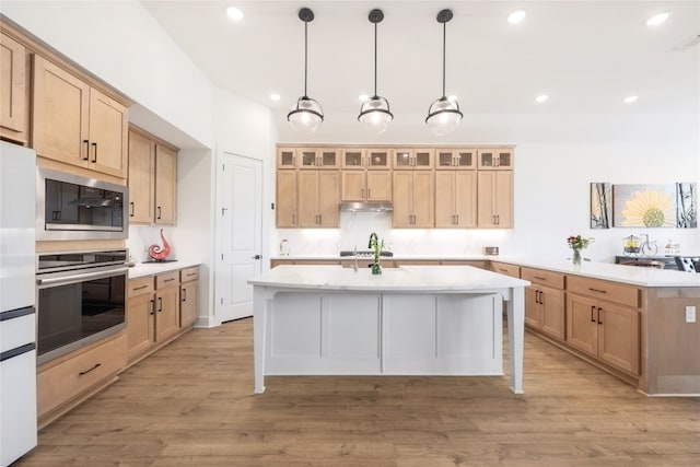 kitchen with stainless steel appliances, light hardwood / wood-style flooring, and a center island with sink