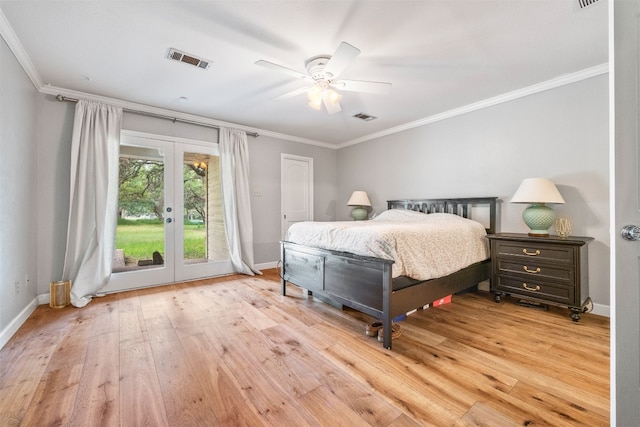 bedroom with ceiling fan, french doors, light hardwood / wood-style flooring, access to outside, and ornamental molding