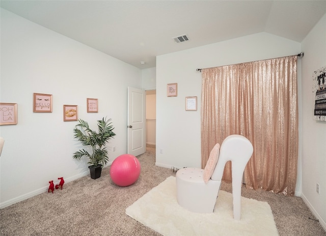 interior space with light colored carpet and lofted ceiling