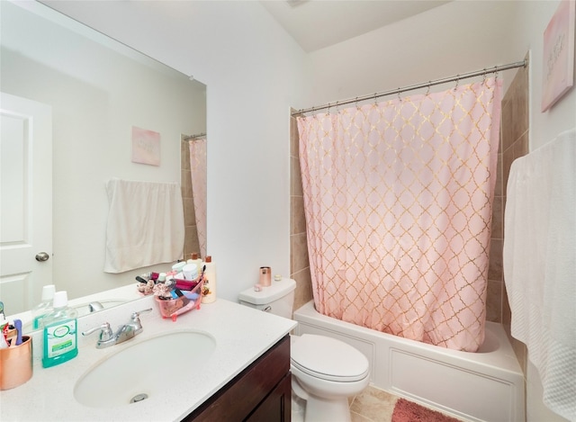 full bathroom featuring tile patterned flooring, vanity, shower / bath combination with curtain, and toilet