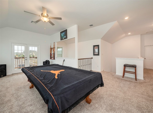 rec room with light carpet, vaulted ceiling, ceiling fan, and pool table