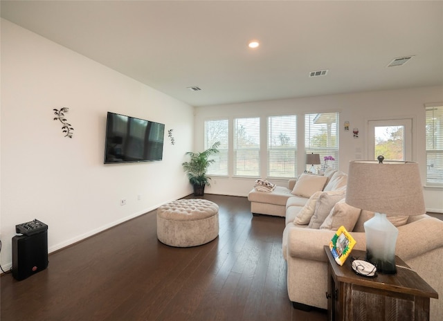 living room with dark hardwood / wood-style flooring