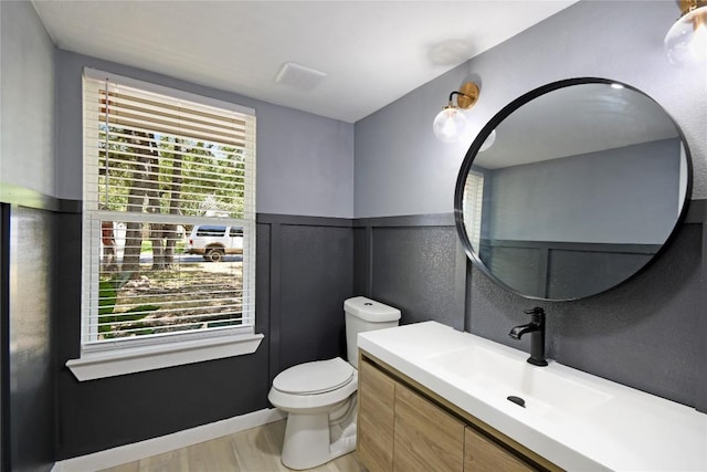 bathroom with vanity, wood-type flooring, and toilet