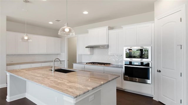 kitchen with sink, stainless steel appliances, ventilation hood, a kitchen island with sink, and white cabinets