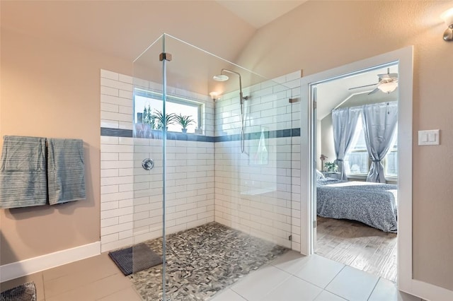 3317 Nighthawk Dive Ln, Pflugerville, TX 78660 - bathroom with connected bathroom, walk in shower, tile patterned flooring, and a ceiling fan