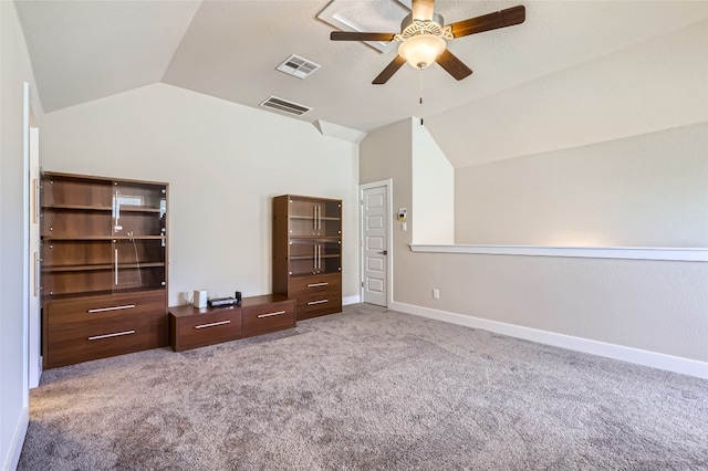 unfurnished bedroom with light colored carpet, ceiling fan, and lofted ceiling