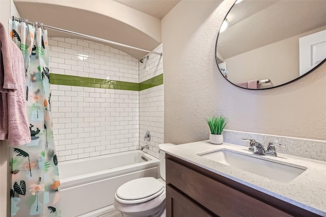 3317 Nighthawk Dive Ln, Pflugerville, TX 78660 - bathroom with shower / tub combo with curtain, vanity, toilet, and a textured wall