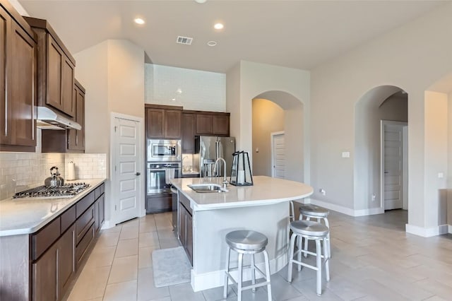 3317 Nighthawk Dive Ln, Pflugerville, TX 78660 - kitchen with appliances with stainless steel finishes, a sink, arched walkways, under cabinet range hood, and backsplash