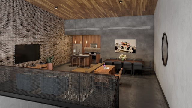 living room with a towering ceiling and wooden ceiling