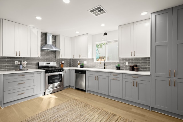 kitchen featuring gray cabinetry, wall chimney range hood, backsplash, light hardwood / wood-style floors, and appliances with stainless steel finishes