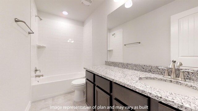 full bathroom featuring tile patterned flooring, tiled shower / bath combo, toilet, and vanity