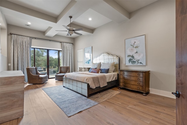 bedroom with coffered ceiling, ceiling fan, access to exterior, light wood-type flooring, and beam ceiling