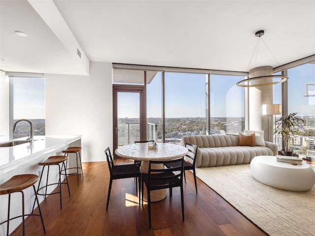 dining space with sink, expansive windows, and dark wood-type flooring