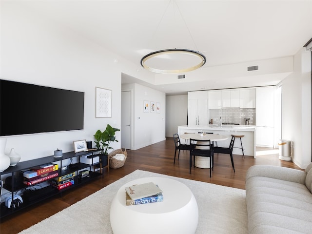 living room featuring dark hardwood / wood-style flooring and sink