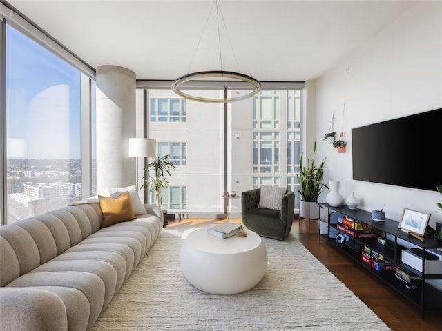 living room with dark hardwood / wood-style floors and expansive windows