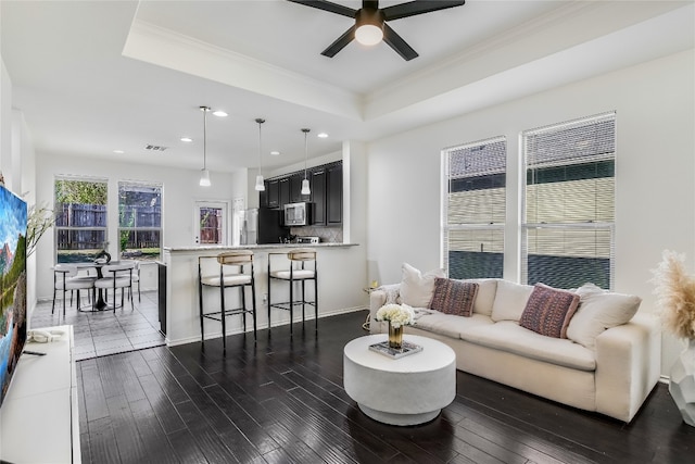 living room with dark hardwood / wood-style flooring, a tray ceiling, ceiling fan, and crown molding