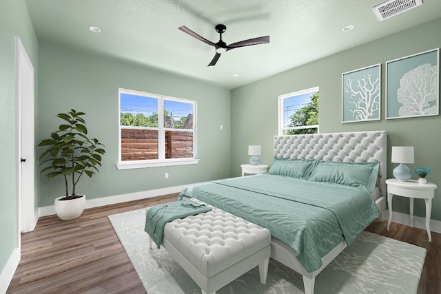 bedroom with ceiling fan and wood-type flooring