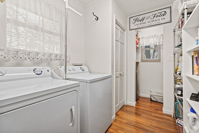 laundry area with hardwood / wood-style flooring and washer and dryer