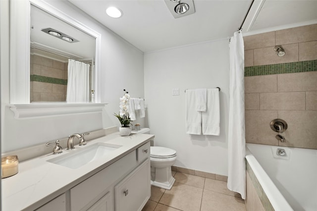 full bathroom featuring toilet, tile patterned flooring, shower / tub combo, and vanity