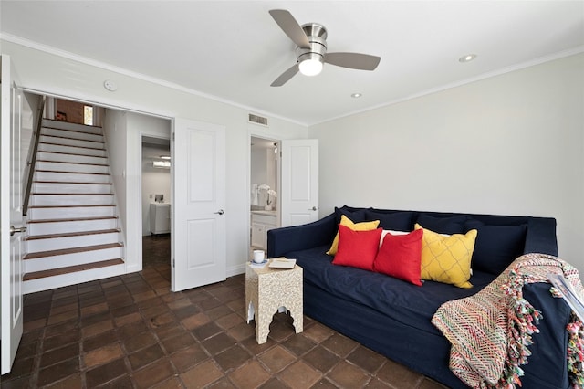 bedroom with ceiling fan, ornamental molding, and ensuite bath