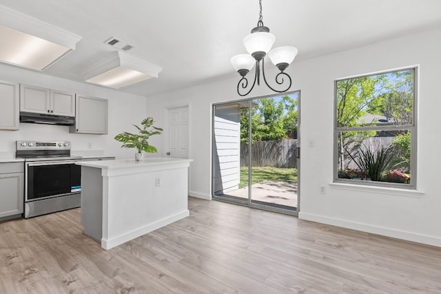 kitchen with light hardwood / wood-style flooring, decorative light fixtures, stainless steel range with electric stovetop, gray cabinets, and a kitchen island