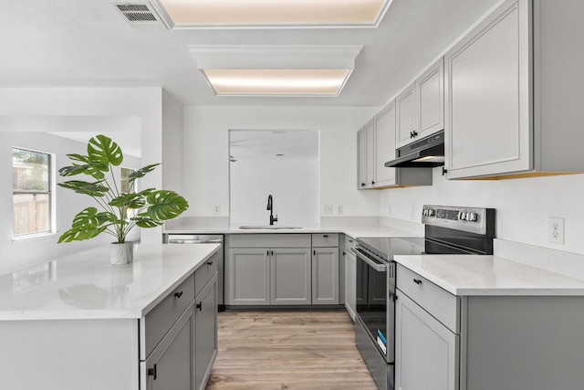 kitchen featuring sink, light stone counters, light hardwood / wood-style flooring, gray cabinets, and stainless steel range with electric cooktop