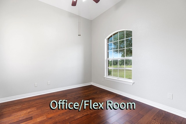 unfurnished room with hardwood / wood-style floors, ceiling fan, and lofted ceiling