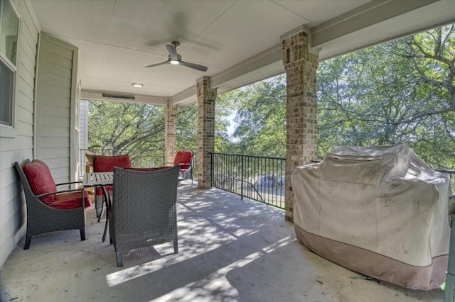 view of patio with a ceiling fan and area for grilling