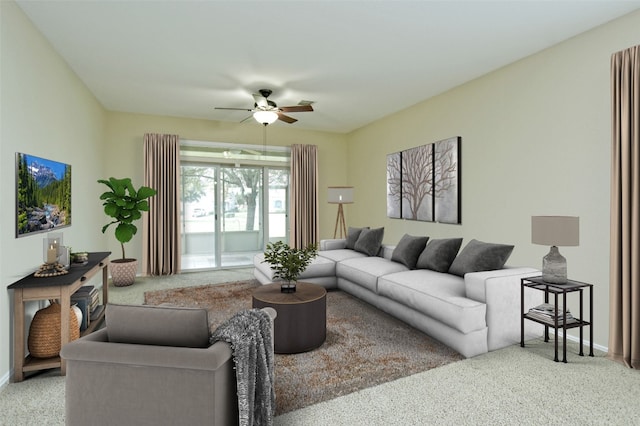 carpeted living room featuring ceiling fan