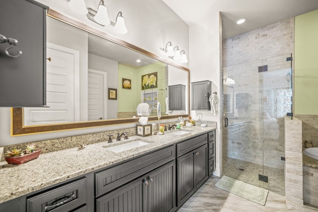 bathroom featuring shower with separate bathtub and vanity