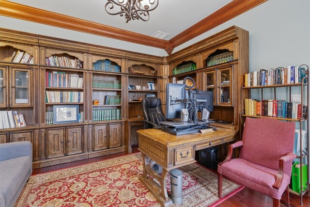 office featuring a chandelier, light hardwood / wood-style floors, and crown molding